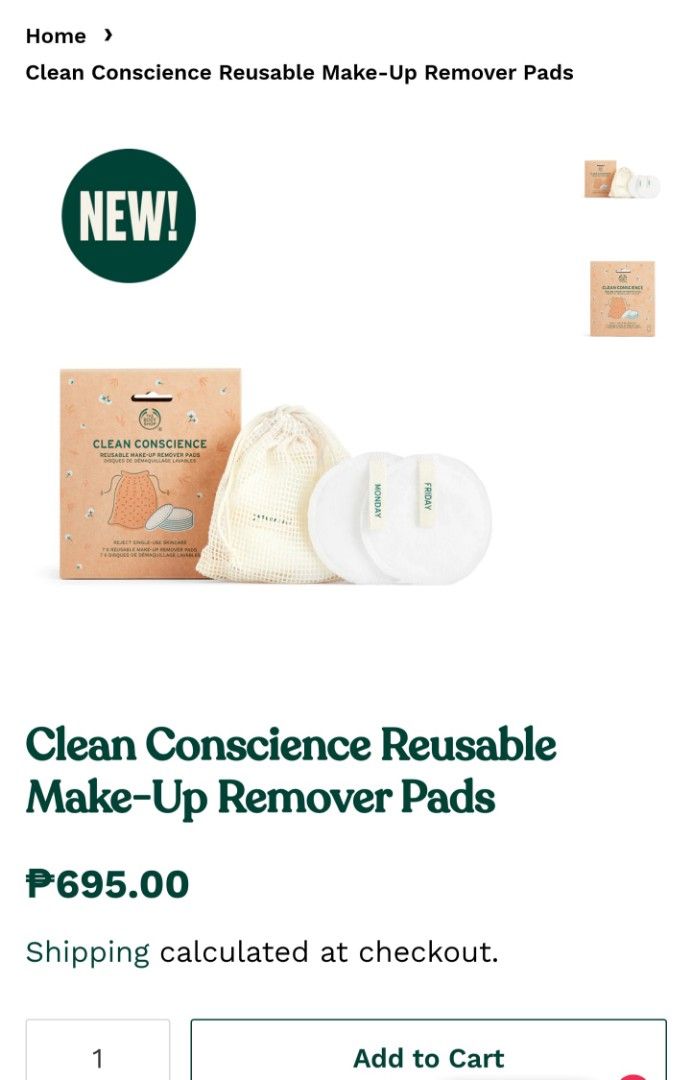 Body Shop Clean Conscience Reusable Make-Up Remover Pads (Category: Makeup) located in San Juan City. Submitted by miles567 (Listing ID 1197478991, Image 2). Description: description in photos from the body shop webpage original price: php695 sale price: php500 rfs: I dont use these. gift.