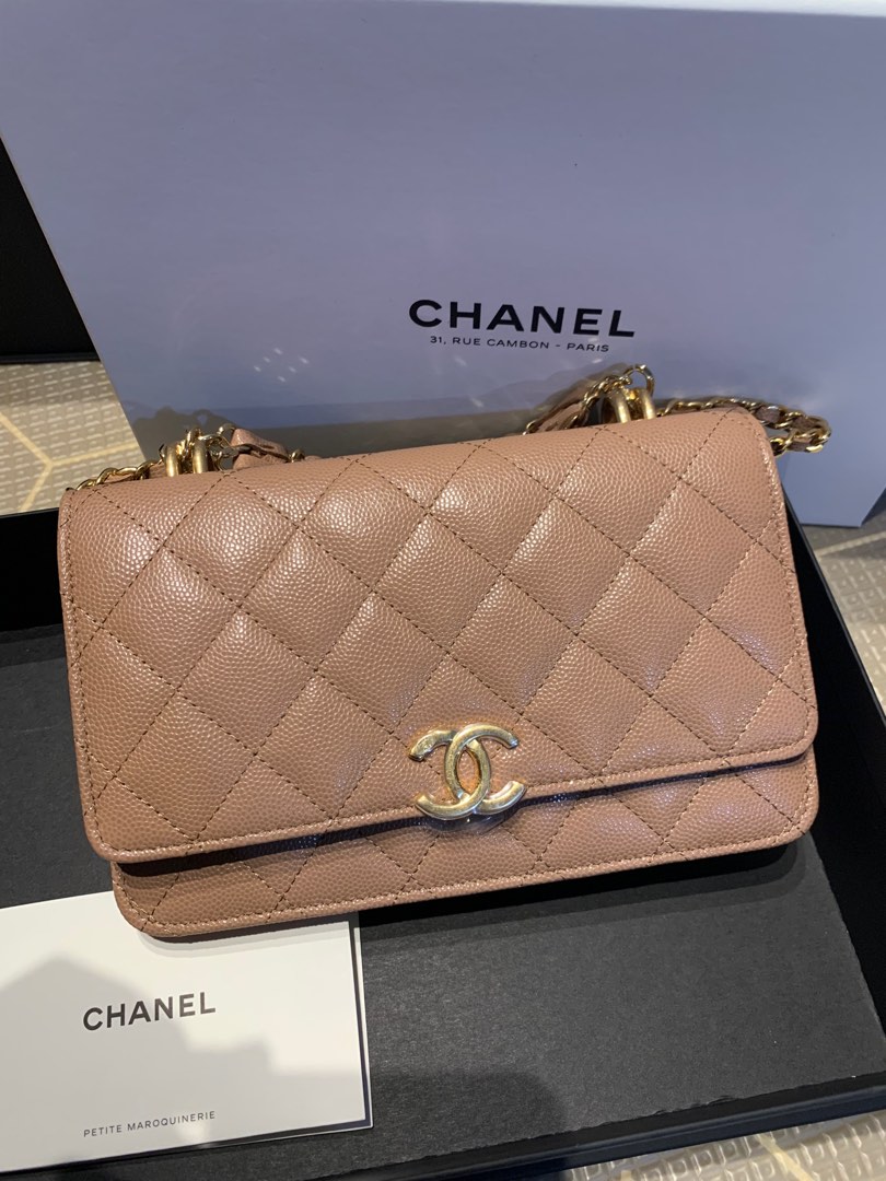 CHANEL Lambskin Quilted CC Pearl Crush Wallet on Chain WOC Beige