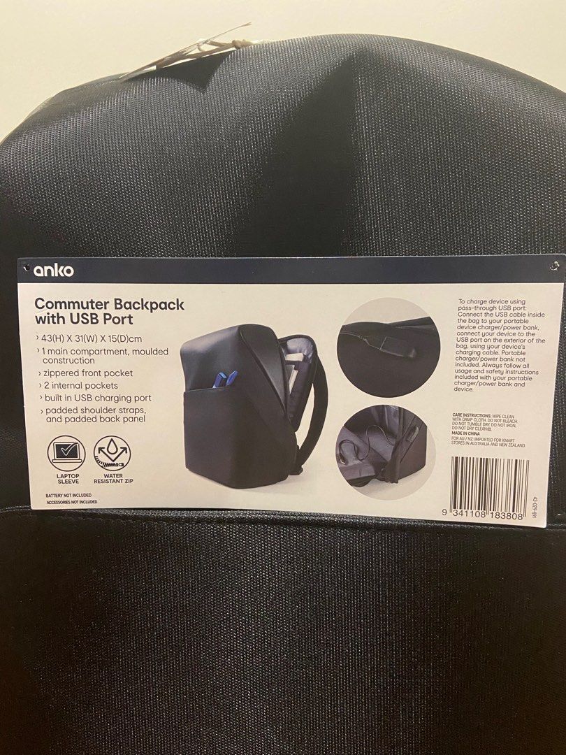 Commuter Laptop Backpack / Bag with USB Port by Anko (KMart), Computers