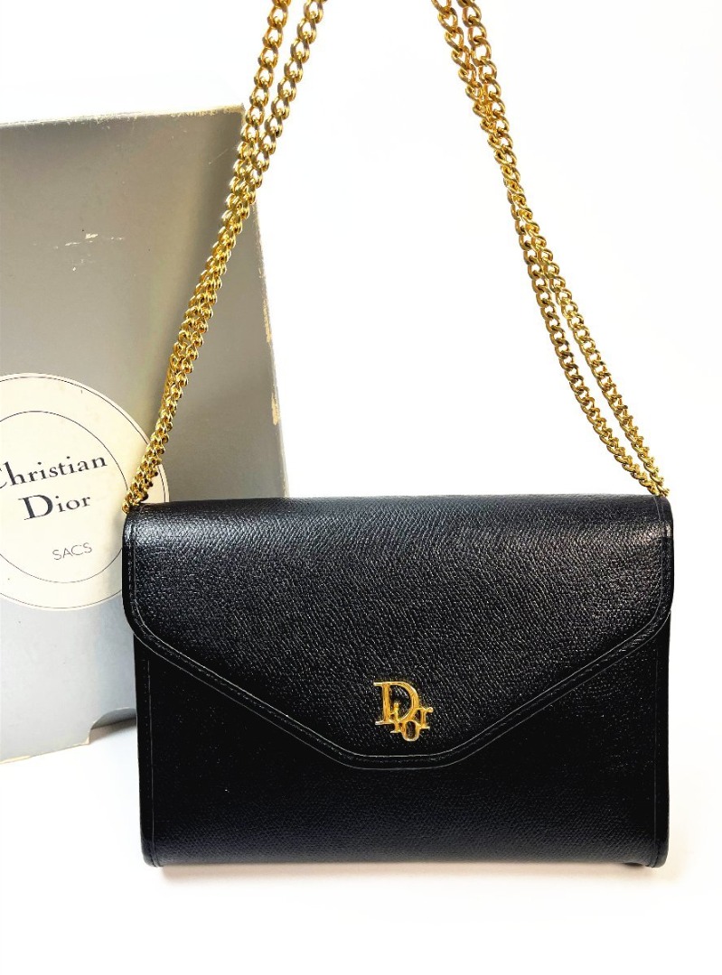 DIOR VINTAGE 黑色荔枝皮金鍊信封包單肩包.W21x H15 x D2.5cm.鍊約99.5