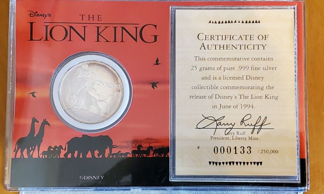Lion King Disney Coin 獅子王限量紀念銀幣(1994), 玩具收藏品, 紀念品