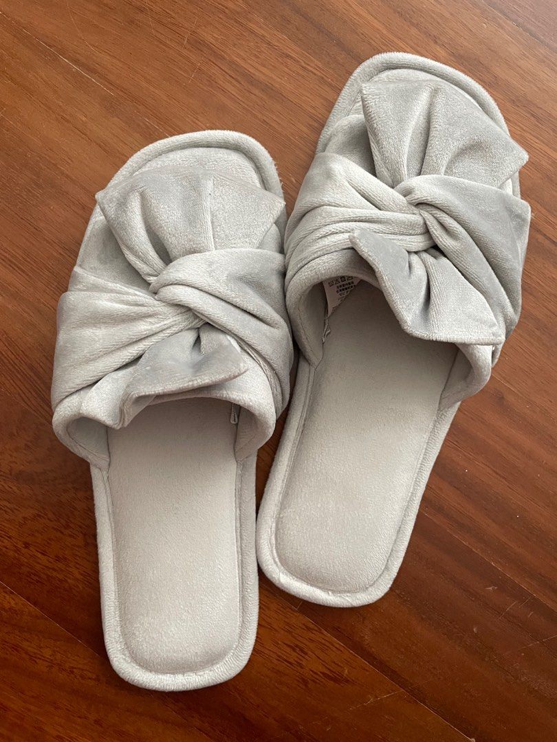 Luxurious Grey Velvet Bow Slider Slippers Women s Fashion