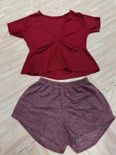 Red Ribbed Crop Top Terno Coord with Shorts XS