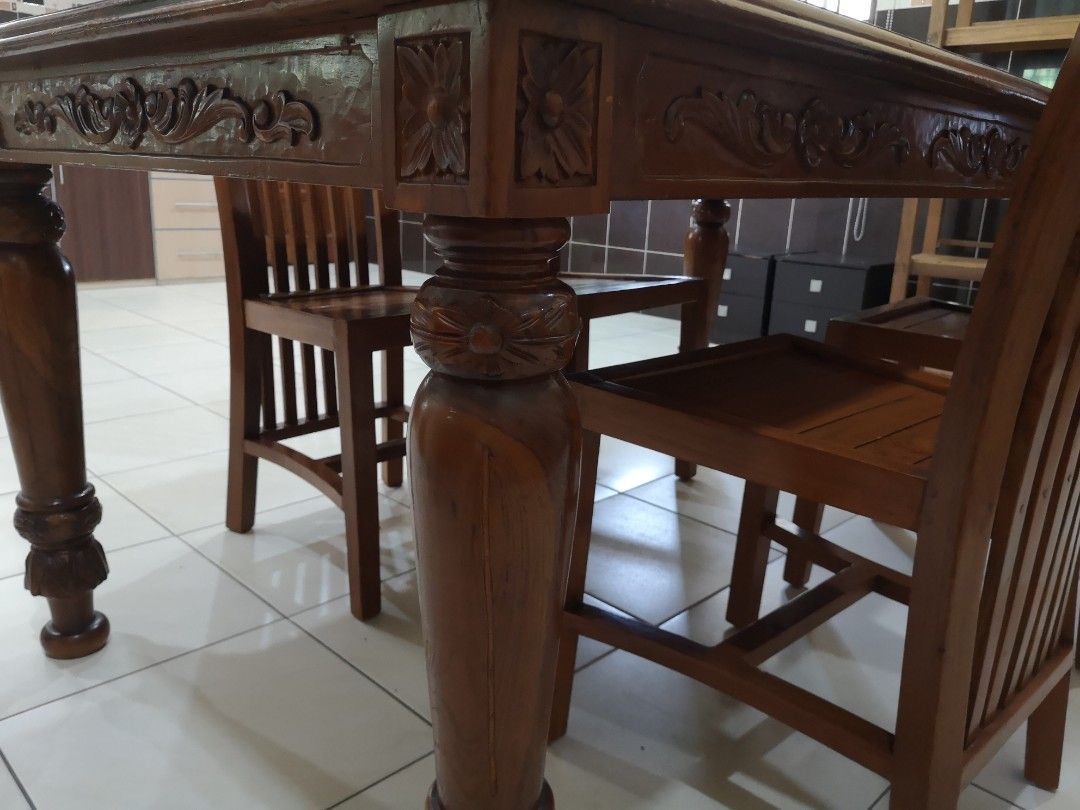 Solid Wood Carved Dining Table and Chairs, Furniture & Home Living