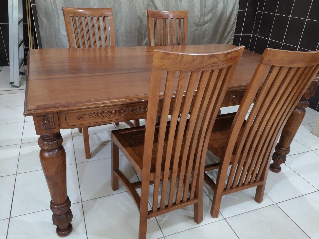 Solid Wood Carved Dining Table and Chairs, Furniture & Home Living