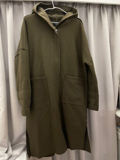 正韓 軍綠毛呢拉鍊連帽長版大衣外套