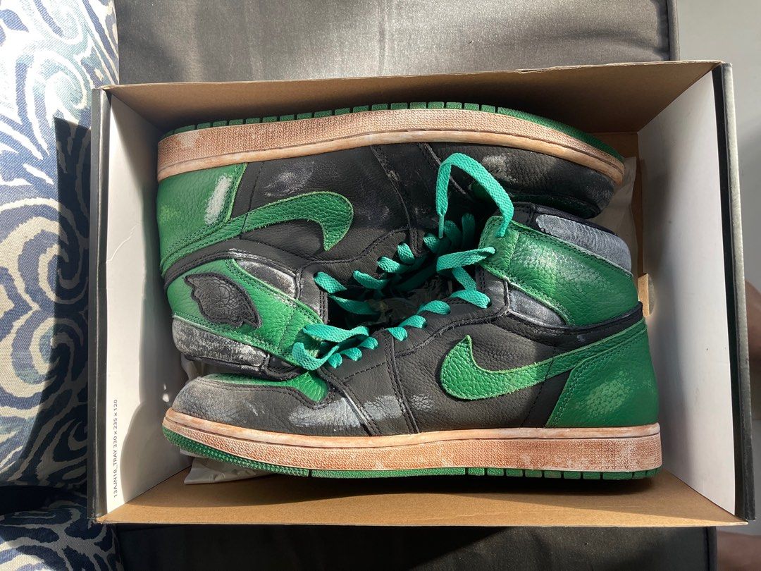 Air Jordan 1 pine green (Category: Sneakers) located in Bacoor. Submitted by ecarando (Listing ID 1197629089, Image 1). Description: Jordan 1 pine green 2.0 Sz11 w/box Custom distressed/vintage look 6500 shipped Pay via Gcash/BDO Shipping via lalmove/Jnt/Jrs.