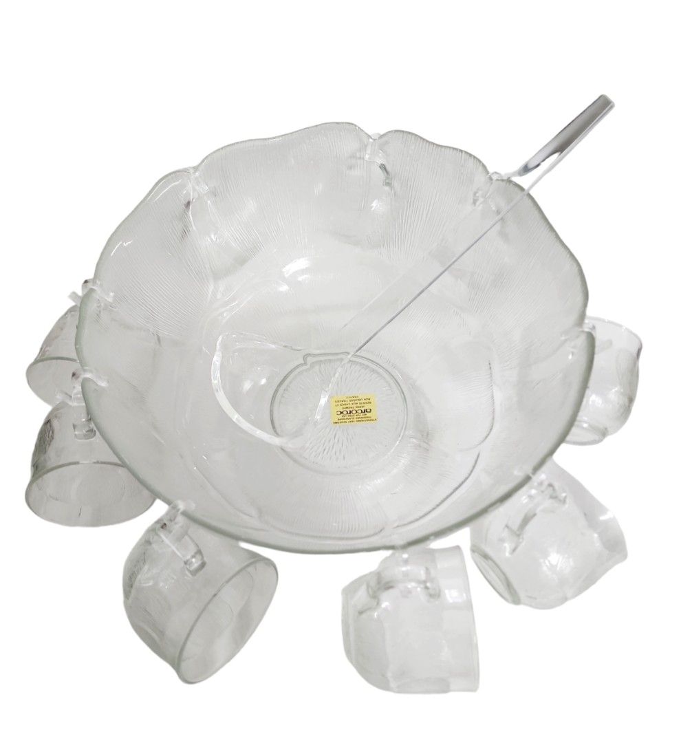 Arcoroc Vintage Punch Bowl Set (Category: Food Organization & Storage) located in Quezon City. Submitted by jayrudcollection (Listing ID 1197673990, Image 2). Description: Punch Bowl Set Brand: Arcoroc Made in France Brand new with box Includes: 1 Bowl 31 cm 1 Base 18 cm 9 cups 22 cl 12 Plastic Hooks 1 Ladle.