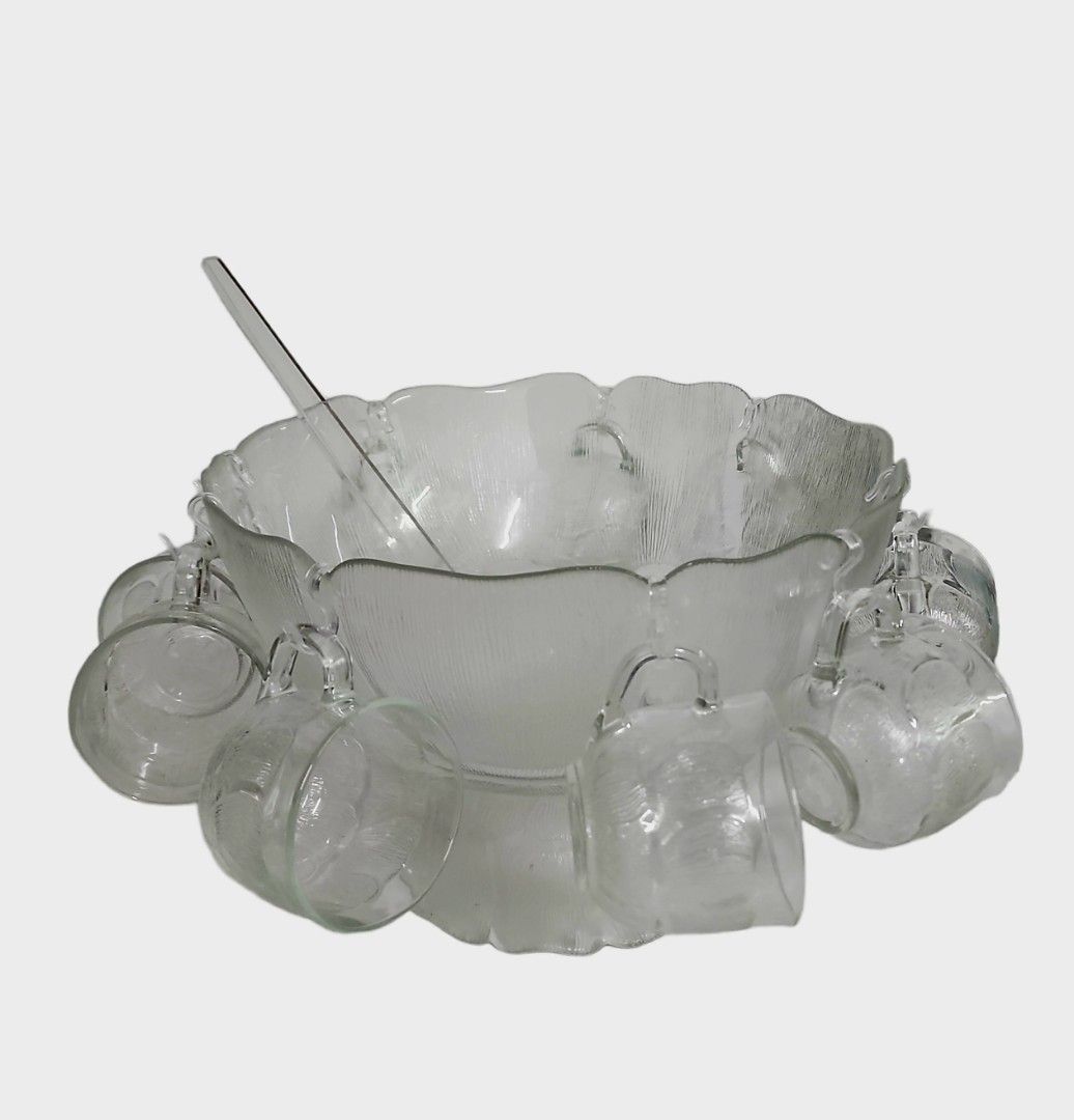Arcoroc Vintage Punch Bowl Set (Category: Food Organization & Storage) located in Quezon City. Submitted by jayrudcollection (Listing ID 1197673990, Image 1). Description: Punch Bowl Set Brand: Arcoroc Made in France Brand new with box Includes: 1 Bowl 31 cm 1 Base 18 cm 9 cups 22 cl 12 Plastic Hooks 1 Ladle.