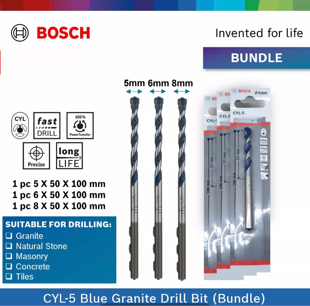 Bosch Blue Granite Drill Bits (Bundle of 3) for drill tool, Furniture & Home Living, Home