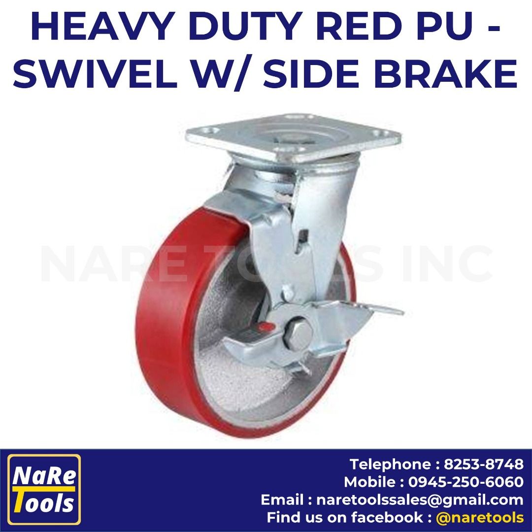 CASTER WHEEL Heavy Duty Red PU Swivel w/ Side Brake Caster Wheel