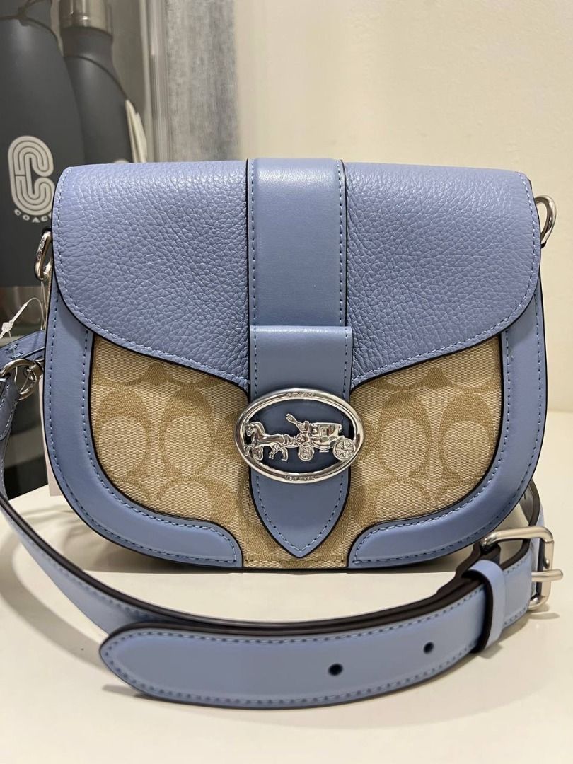 Coach Georgie Saddle in Light Khaki Marble Blue Luxury Bags