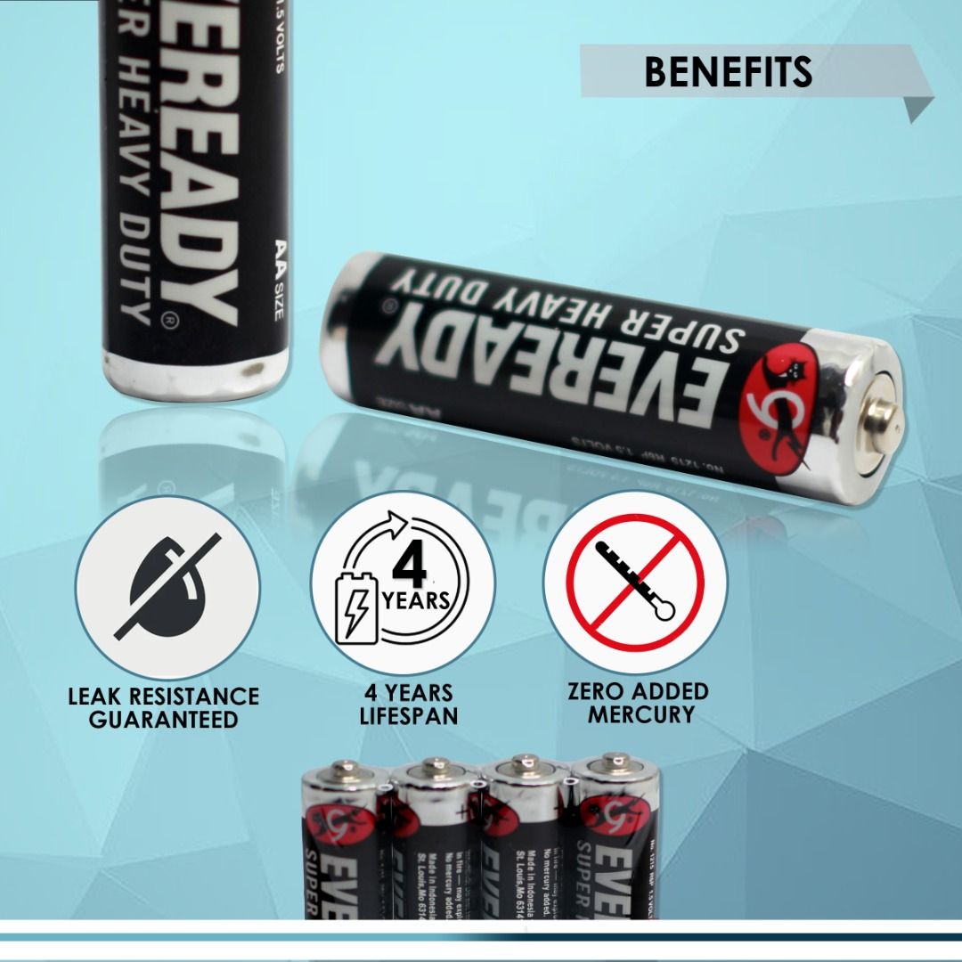 EVEREADY AA BATTERY, DOUBLE A BATTERY SUPER HEAVY DUTY, 1.5V R6P, NO
