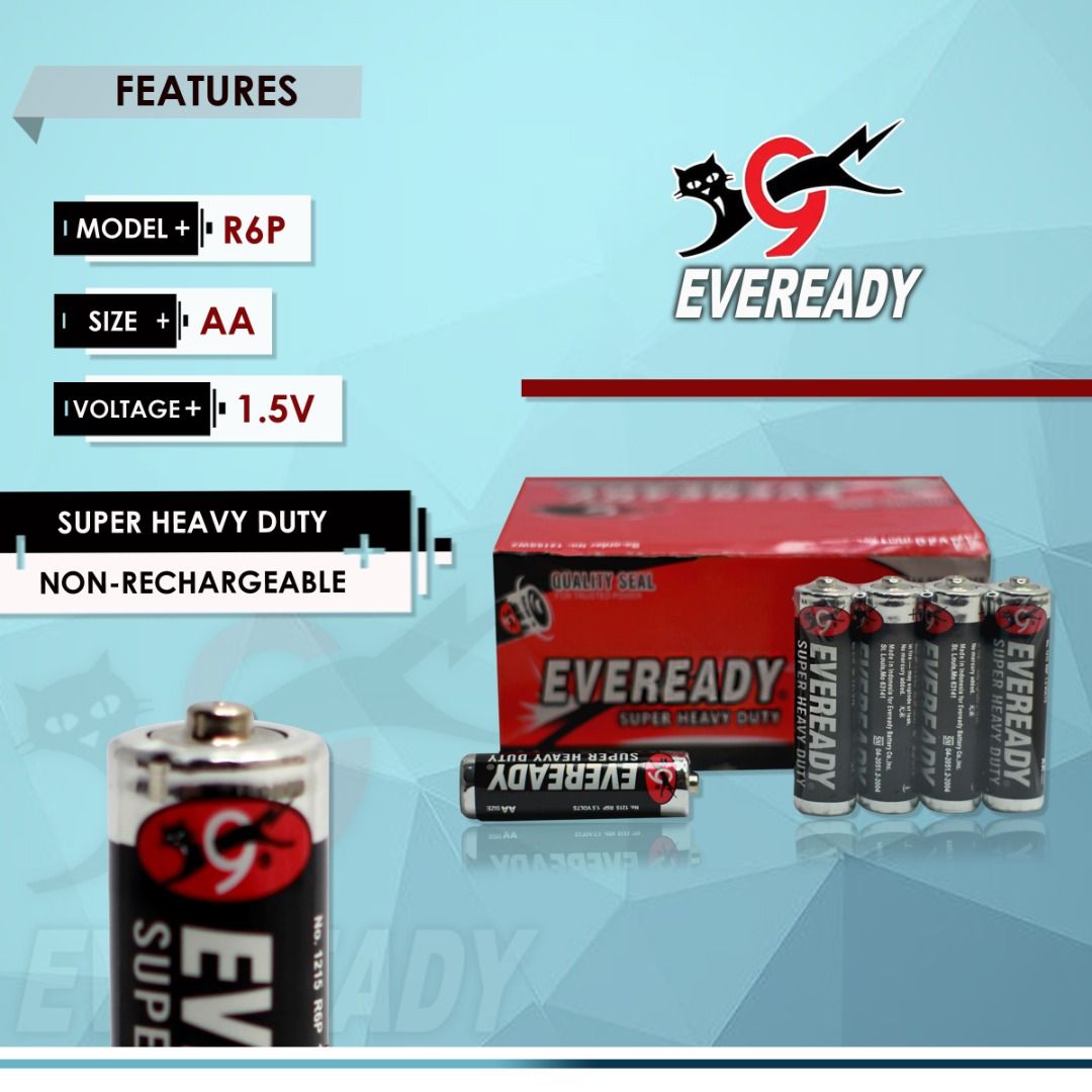 EVEREADY AA BATTERY, DOUBLE A BATTERY SUPER HEAVY DUTY, 1.5V R6P, NO