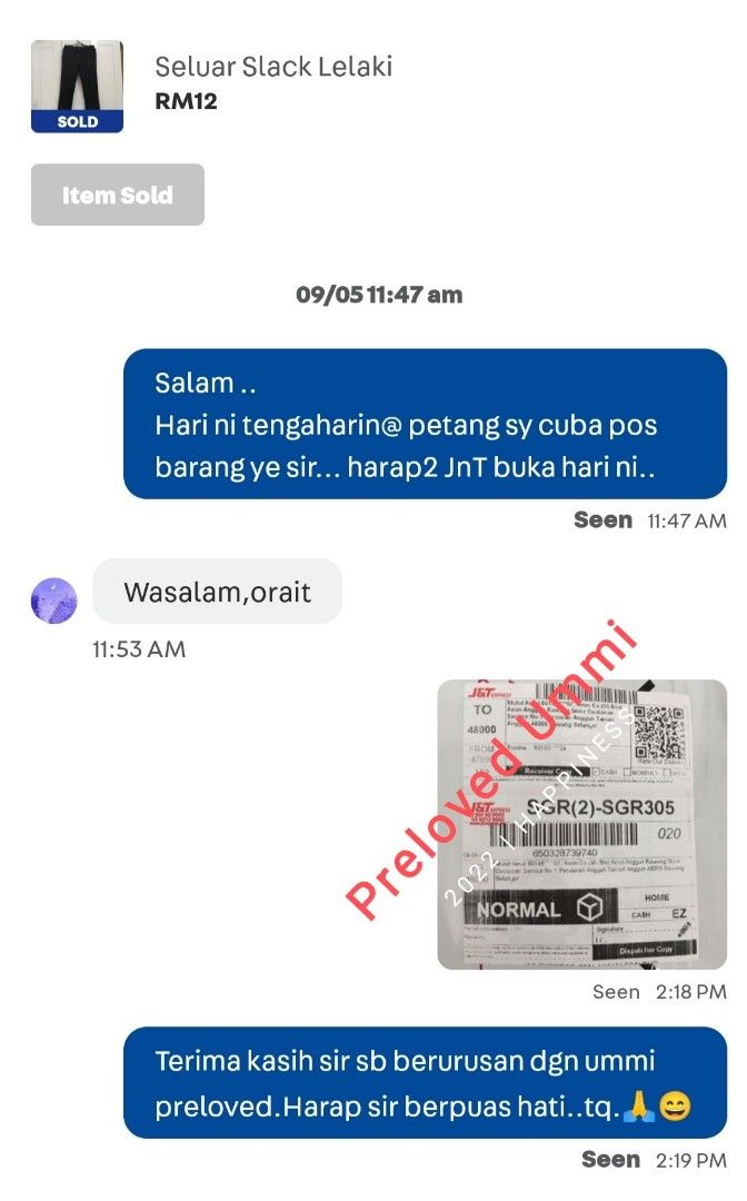 Feedback (Category: Announcements) located in Subang Jaya. Submitted by PRELOVED_UMMI (Listing ID 1197587153, Image 3). Description: 🔺Saya "Preloved Ummi" adalah seorang yang trusted seller. 🔺Segala bukti chat customer ada pada photo diatas.Sila scroll. 🔺 Buyer tidak perlu ragu-ragu untuk berurusan dengan "preloved ummi".Segala urusan jual beli tiada penipuan,barang yang dibeli akan dihantar sebagaimana yg diiklankan..