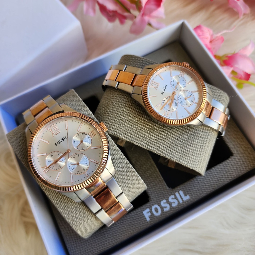 Fossil His and Her Rye Multifunction Two-Tone Stainless Steel Watch Set ...