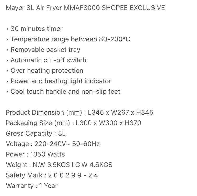 Mayer Air Fryer 3L MMAF3000, TV & Home Appliances, Kitchen Appliances