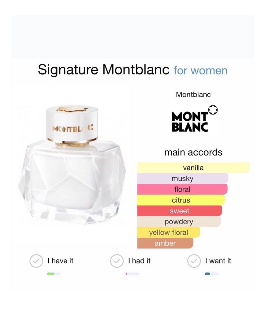 Montblanc Signature (Category: Fragrance & Deodorants) located in Quezon City. Submitted by luxeonline.btq (Listing ID 1197683218, Image 2). Description: Signature Montblanc 90ML ✨ Top note is Clementine; middle notes are Magnolia, Ylang-Ylang and Peony; base notes are Vanilla, White Musk and Benzoin. Guaranteed Original 💯.