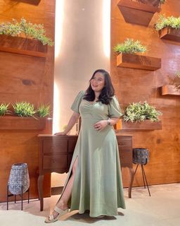 Sage Green Puff Sleeve Gown with Slit