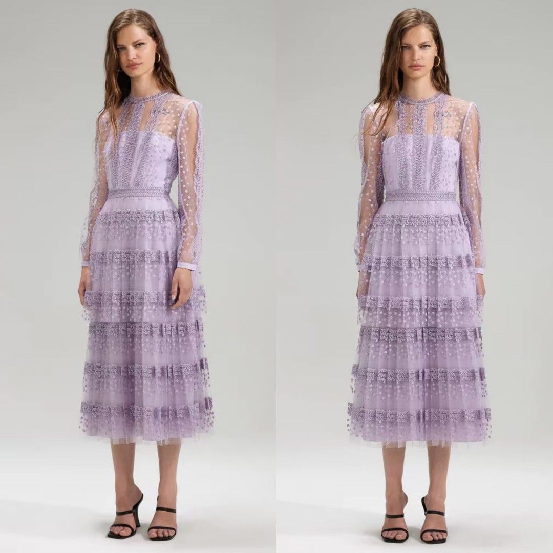Self Portrait Lilac Tiered Lace Midi Dress, Women's Fashion, Dresses ...