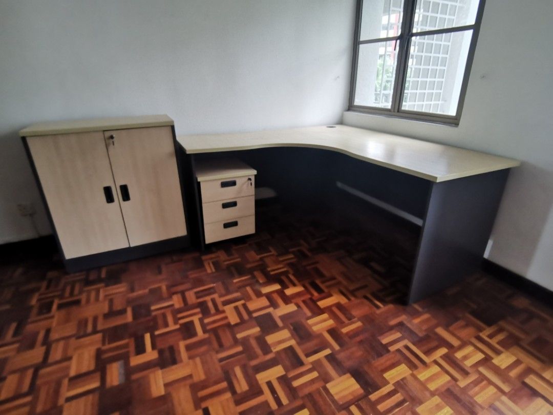 Study Table (Category: Tables & Sets) located in Kuala Lumpur. Submitted by samkim1313 (Listing ID 1197548779, Image 1). Description: Study / Office table set comprising the following:- 1. Study table 1600*1600*700 width - RM250 2. Mobile pedestal 425*475*565 ht. - RM100 3. Low cabinet with doors 800*400*920ht. - RM120 The above are individual prices if bought separately. Cabinets are complete with keys. Condition all good. Like new..