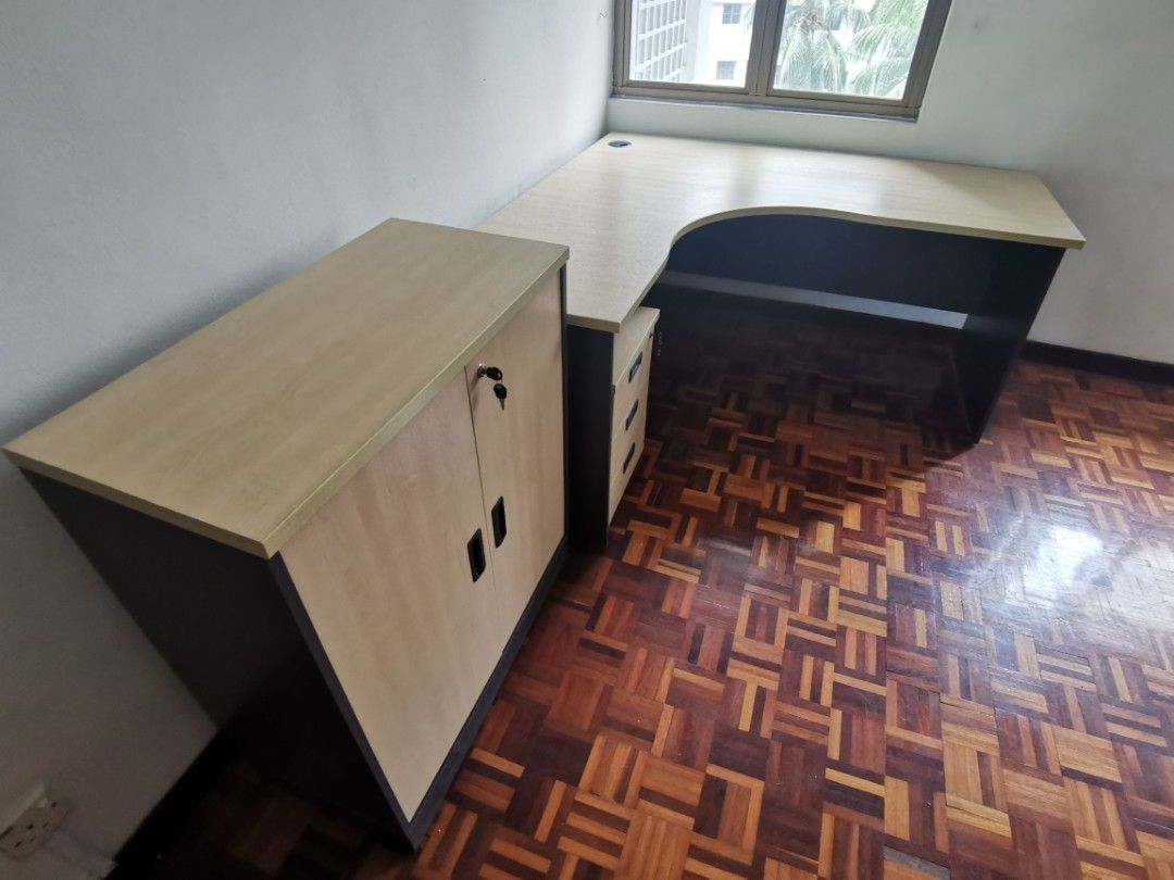 Study Table (Category: Tables & Sets) located in Kuala Lumpur. Submitted by samkim1313 (Listing ID 1197548779, Image 2). Description: Study / Office table set comprising the following:- 1. Study table 1600*1600*700 width - RM250 2. Mobile pedestal 425*475*565 ht. - RM100 3. Low cabinet with doors 800*400*920ht. - RM120 The above are individual prices if bought separately. Cabinets are complete with keys. Condition all good. Like new..