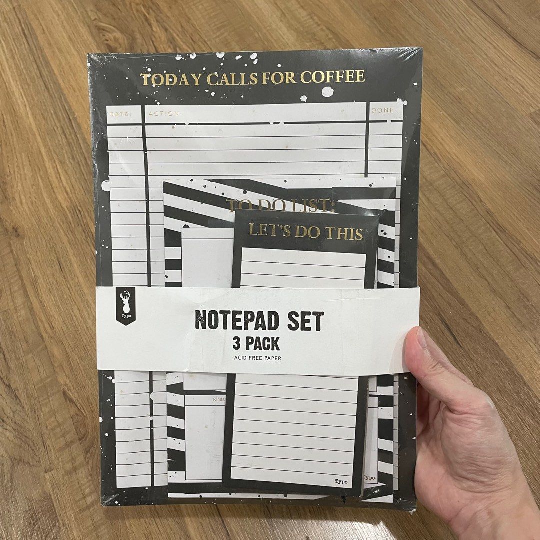 Typo notepad set 3 pack (Category: Stationery & School Supplies) located in Quezon City. Submitted by jerikav (Listing ID 1197634580, Image 2). Description: Original price is P799. Sealed, never used. Paper with stains due to long time storage..