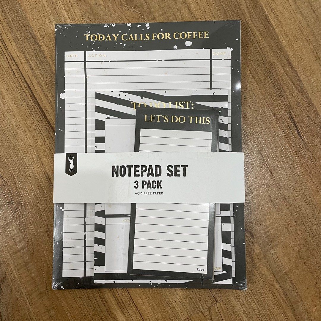 Typo notepad set 3 pack (Category: Stationery & School Supplies) located in Quezon City. Submitted by jerikav (Listing ID 1197634580, Image 1). Description: Original price is P799. Sealed, never used. Paper with stains due to long time storage..