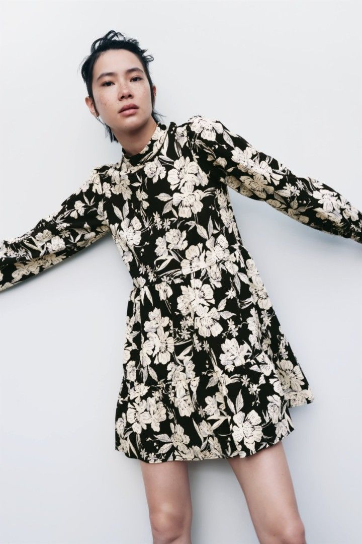 zara black flower dress ZARA NWT Black White Floral Embroidered Tulle Midi Dress Sheer Goth Sz Medium