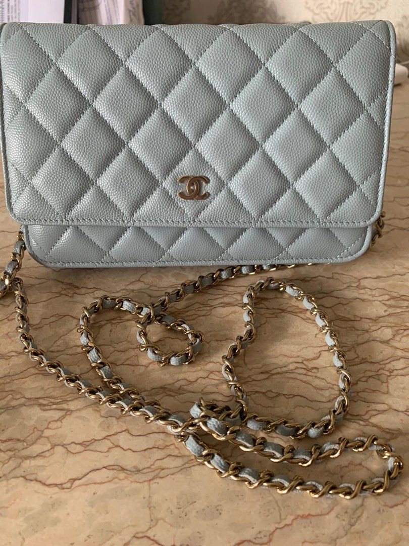 22S CHANEL Classic Wallet On Chain Sky Blue and Gold, Luxury, Bags & Wallets  on Carousell