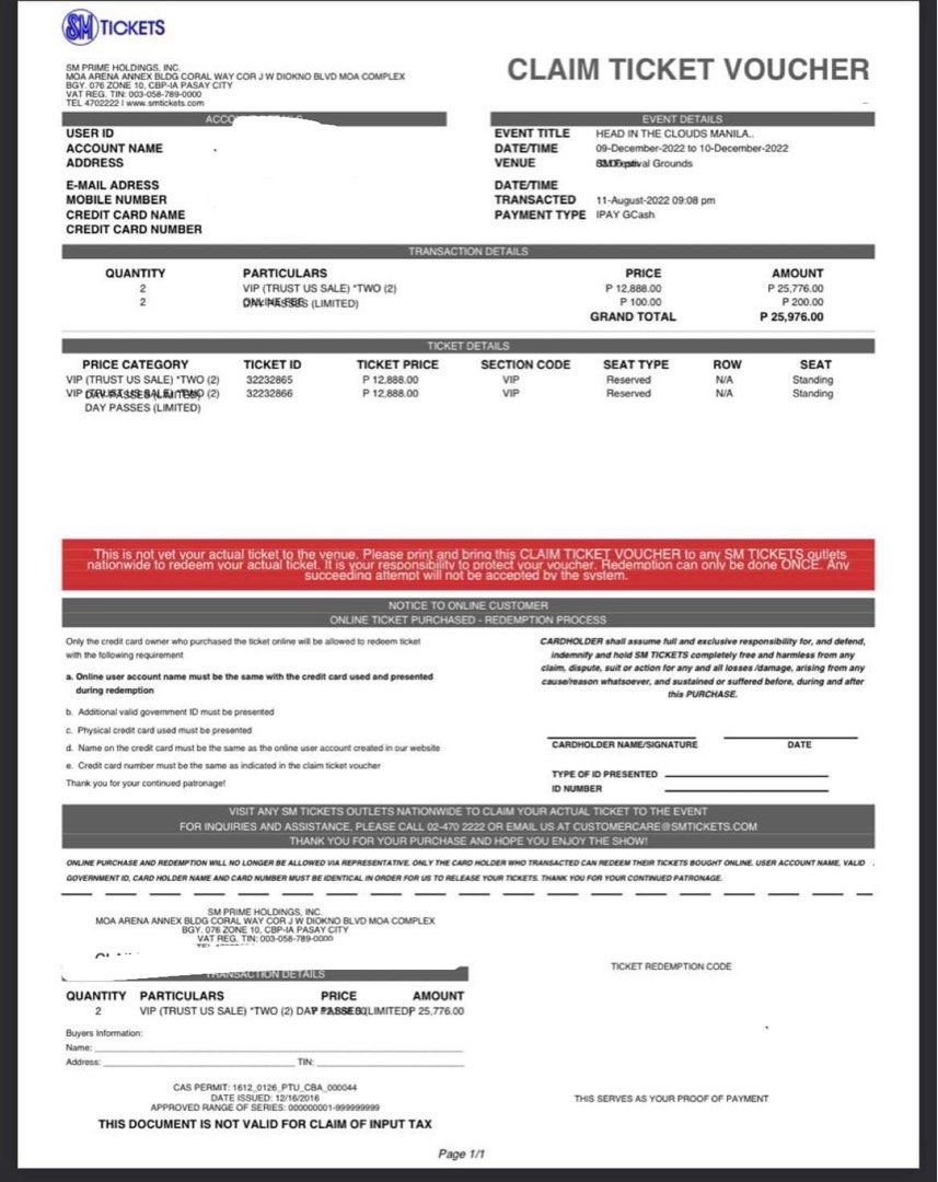 2 VIP Head In The Clouds Manila Tickets, Tickets & Vouchers, Event