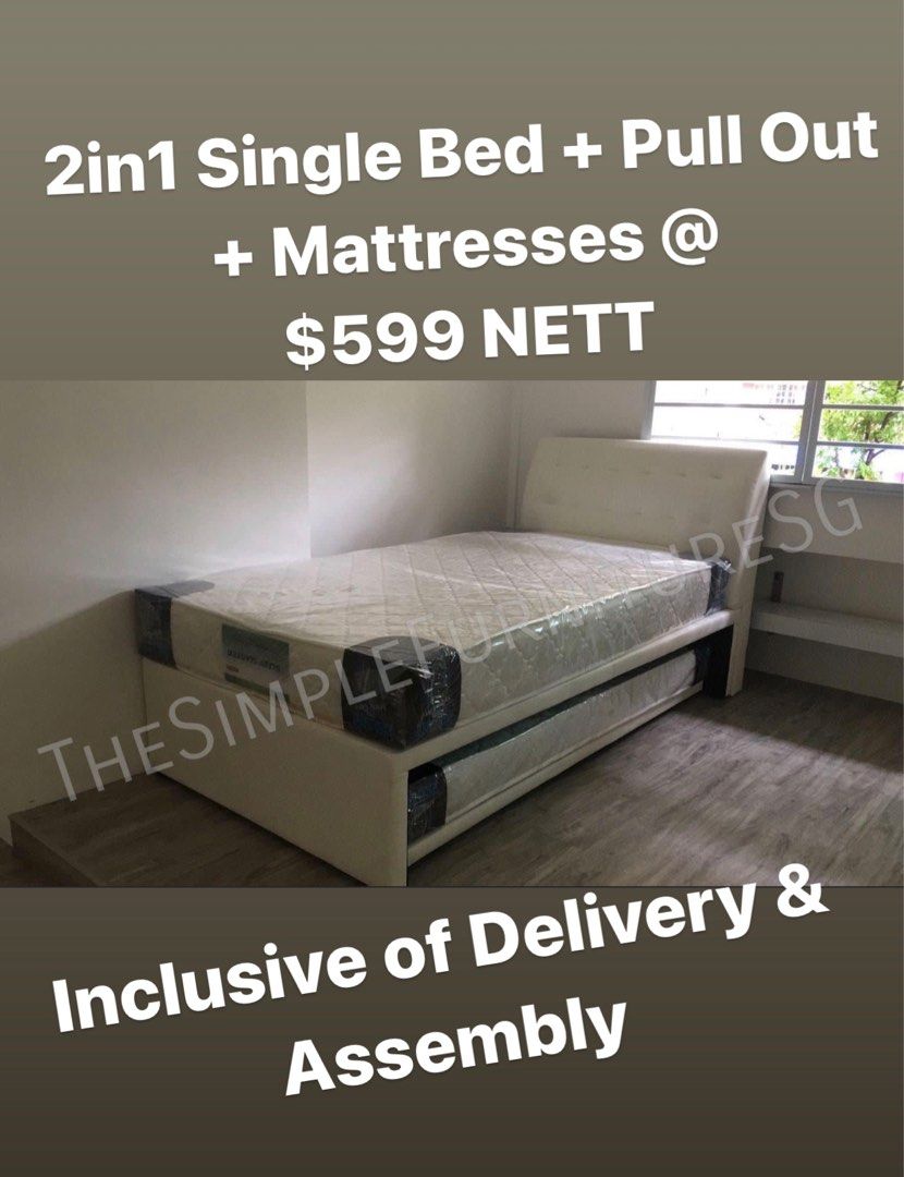 2in1 Single Bed + Pull Out + Mattresses, Furniture & Home Living