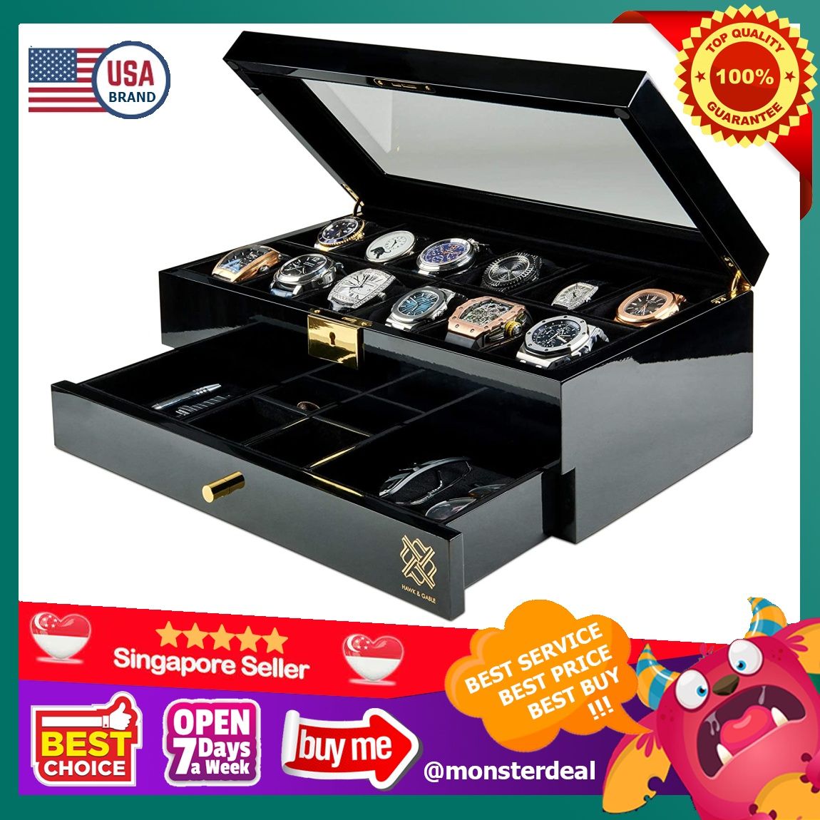 Hawk & Gable Elegant, 12 Slot Watch Box Organizer with Lock | Premium Jewelry & Watch Display Case | Storage Cases for Watches | Large, Glass