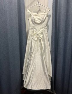 Bridgerton inspired off shoulder ivory white Minimalist Civil wedding dress duchess satin fabric