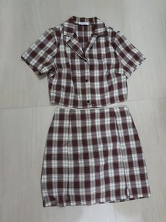Brown and White Checkered Button Down and A-Line Skirt