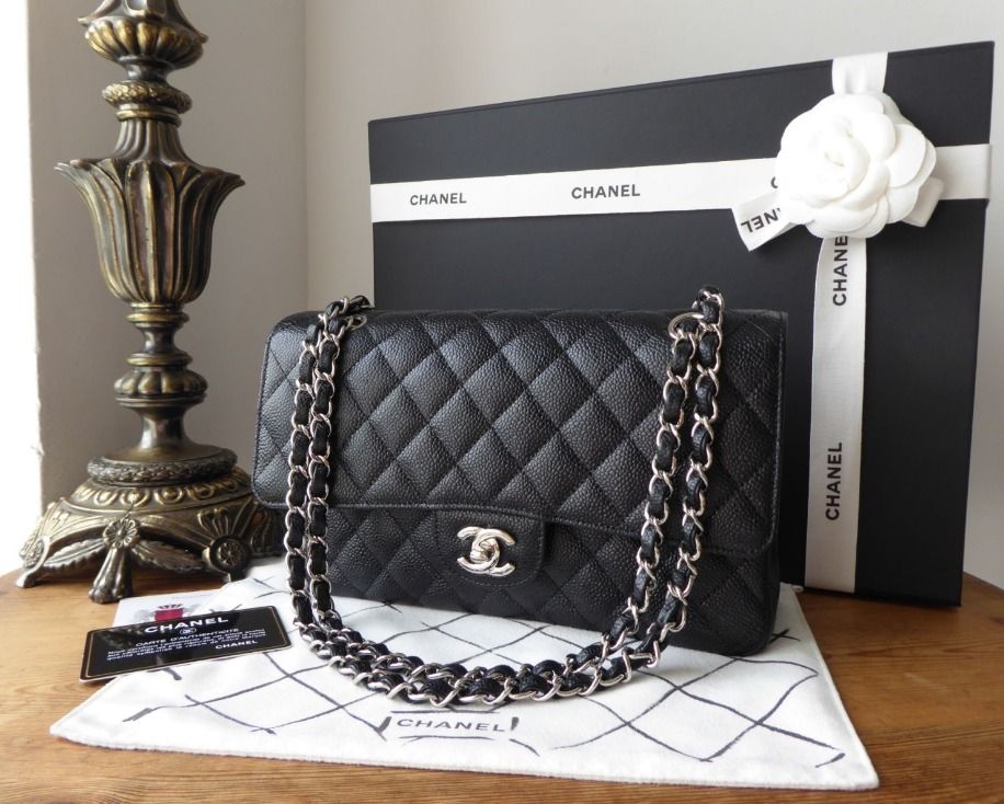 Chanel Classic Double Flap Quilted Caviar Silver-tone Jumbo Black