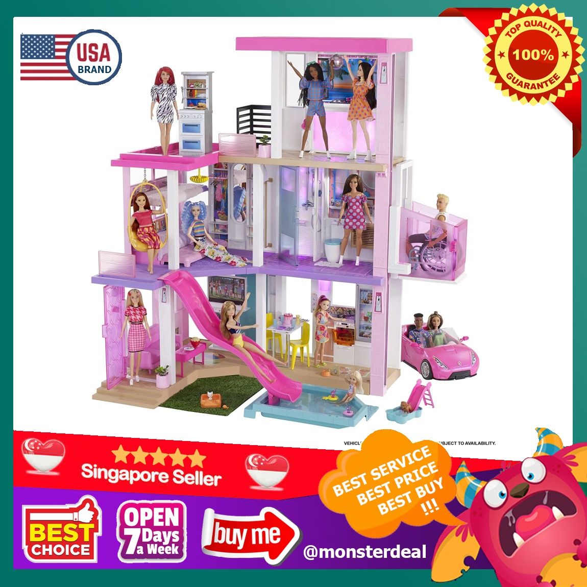 Barbie Dreamhouse 3.75 ft 3 Story Dollhouse Playset with Pool Slide Party Room Elevator Puppy Play Area Customizable Lights Sounds 75 Pieces Gift for 3 to 7 Year Olds New for 2021