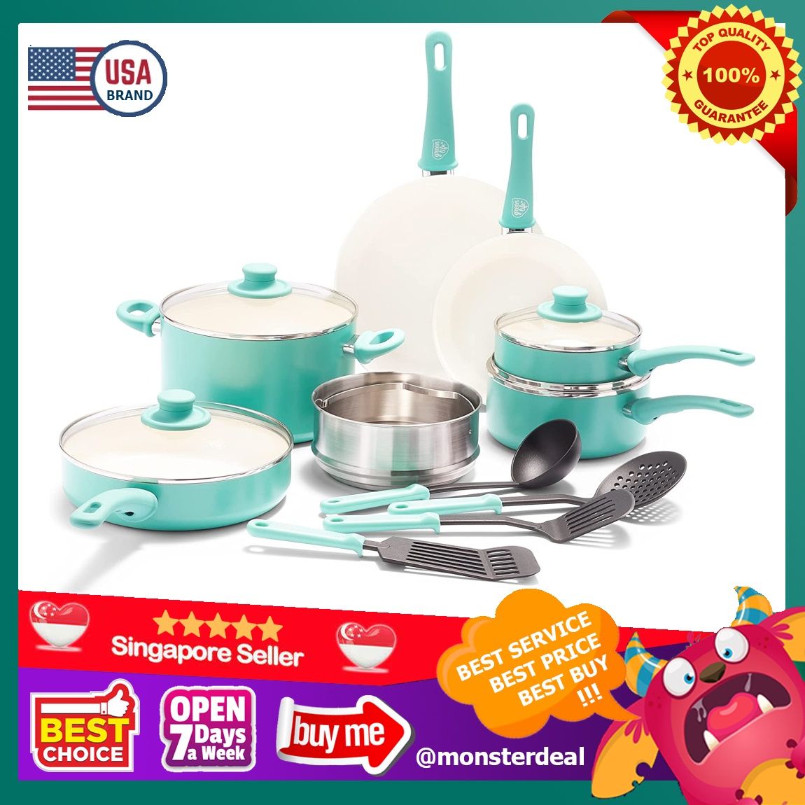 GreenLife Soft Grip Healthy Ceramic Nonstick, Saucepan Set with Lids, 1qt and 2qt, Turquoise