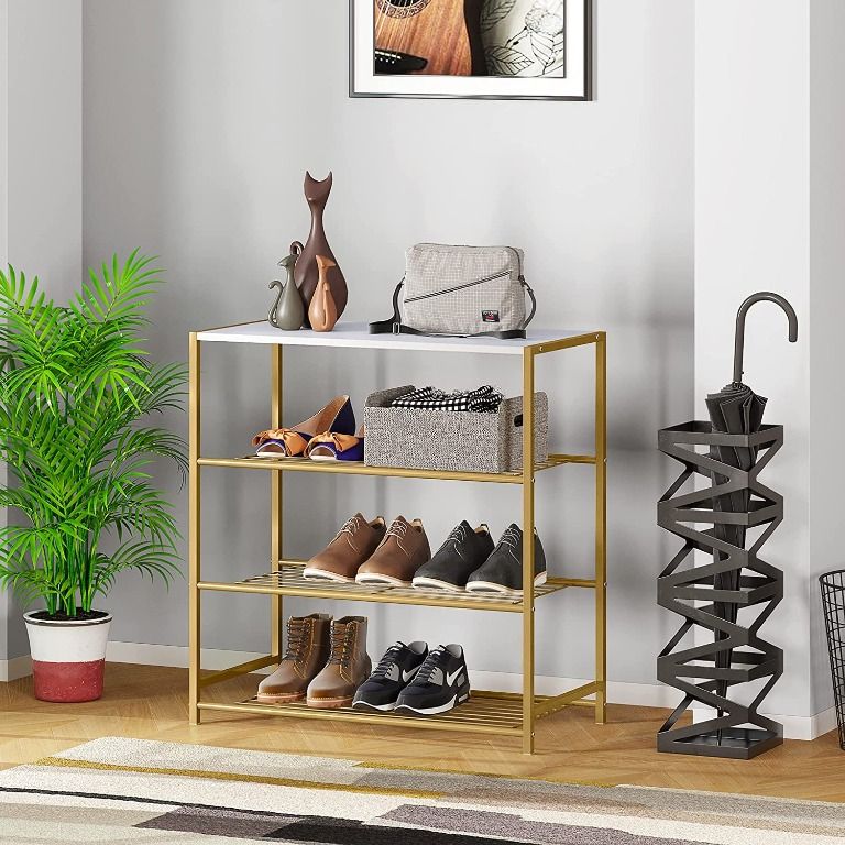 HOMEFORT 4 Tier Metal Shoe Rack Industrial Shoe Tower Shoe Storage Shelf with MDF Top Board Each Tier Fits 3 Pairs of Shoes Entryway Shoes