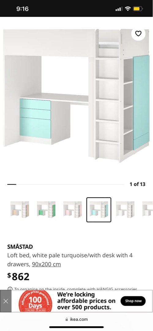 IKEA SMASTAD LOFT BED WITH DESK AND DRAWERS (Turquoise!!), Furniture