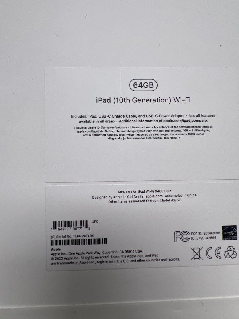 美版】IPAD 10TH GEN WI-FI 64GB BLUE, 手提電話, 平板電腦, 平板電腦