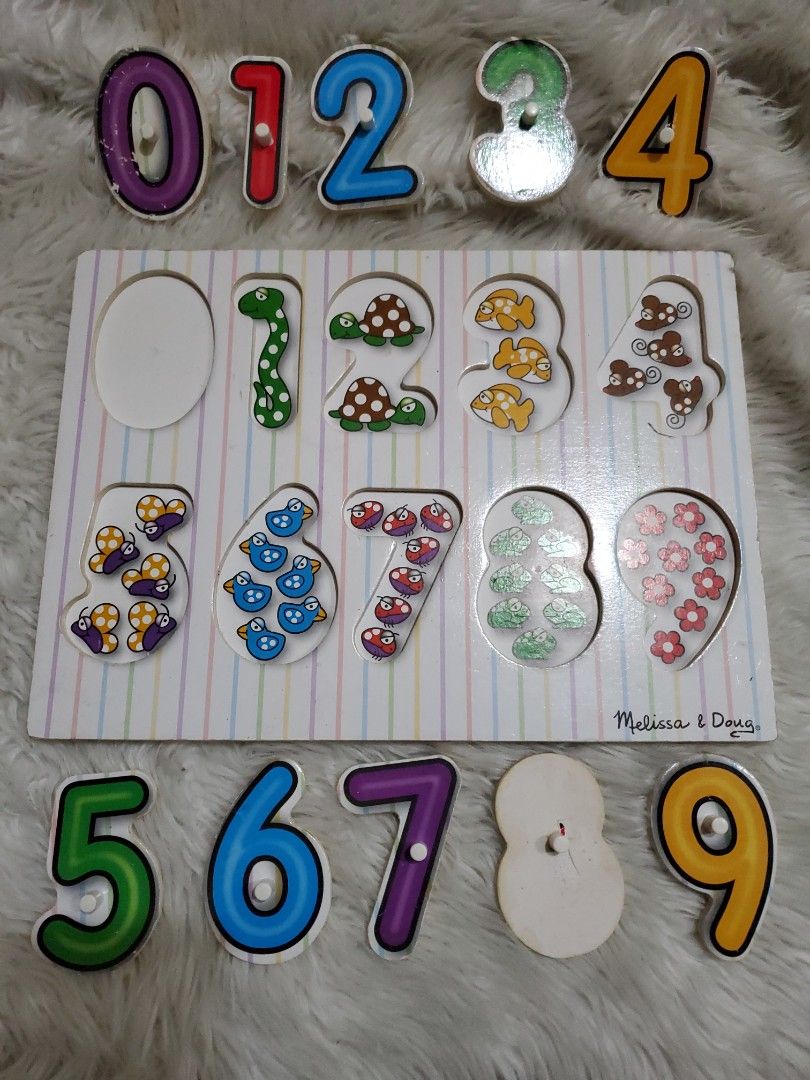 MELISSA & DOUG Numbers Peg Puzzle (Category: Infant Playtime) located in Manila. Submitted by mamaloverakkie (Listing ID 1197937458, Image 1). Description: USED/PRELOVED! when buying preloved item pls. dont expect too much! expect me mga signs of used. 🥰❤😍😘🤗 PLS. ZOOM IN PHOTOS FOR THE ITEM CONDITION PO🧐🧐🧐🧐🧐.