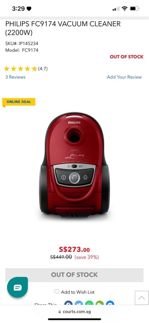 PHILIPS FC9174 VACUUM CLEANER (2200W), TV & Home Appliances, Vacuum