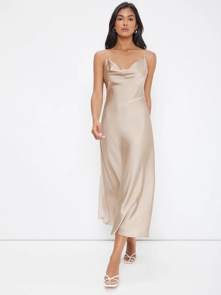 SHEIN formal silk cowl neck champagne gold apricot slip long maxi dress gown,  Women's Fashion, Dresses & Sets, Dresses on Carousell