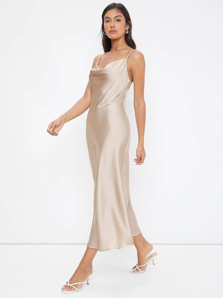 SHEIN formal silk cowl neck champagne gold apricot slip long maxi dress gown,  Women's Fashion, Dresses & Sets, Dresses on Carousell