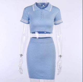 Solid Color Knit Sexy Slim 2 Pieces Suit Dress New Short-sleeved Polo Collar Mini Skirt