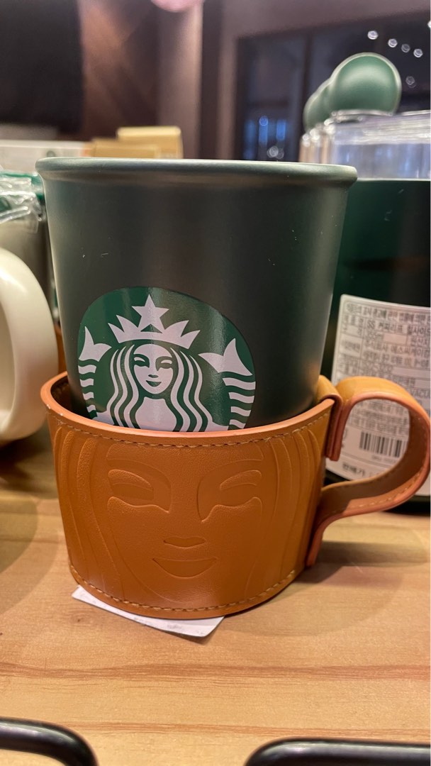 Starbucks Green Cup with Leather Sleeve, Furniture & Home Living