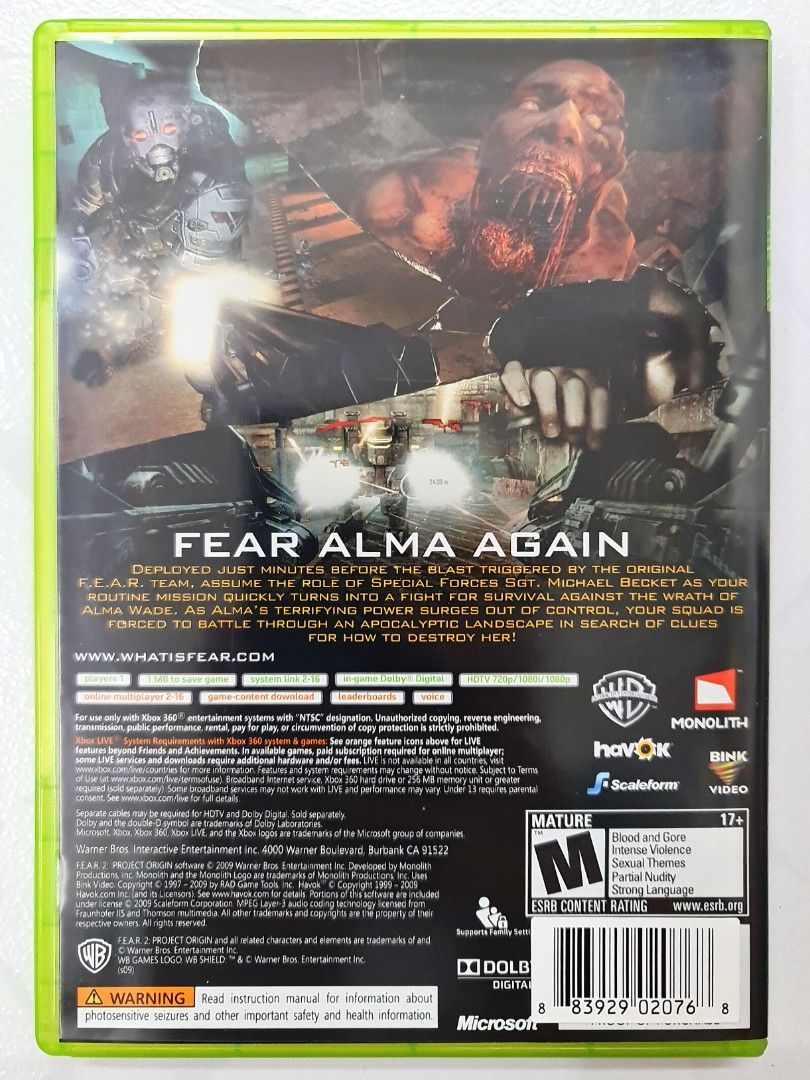 Video Game for Xbox 360 : F.E.A.R. 2 : Project Origin *Used* (NTSC /  Monolith & Warner Bro / Mature 17+), Video Gaming, Video Games, Xbox on  Carousell