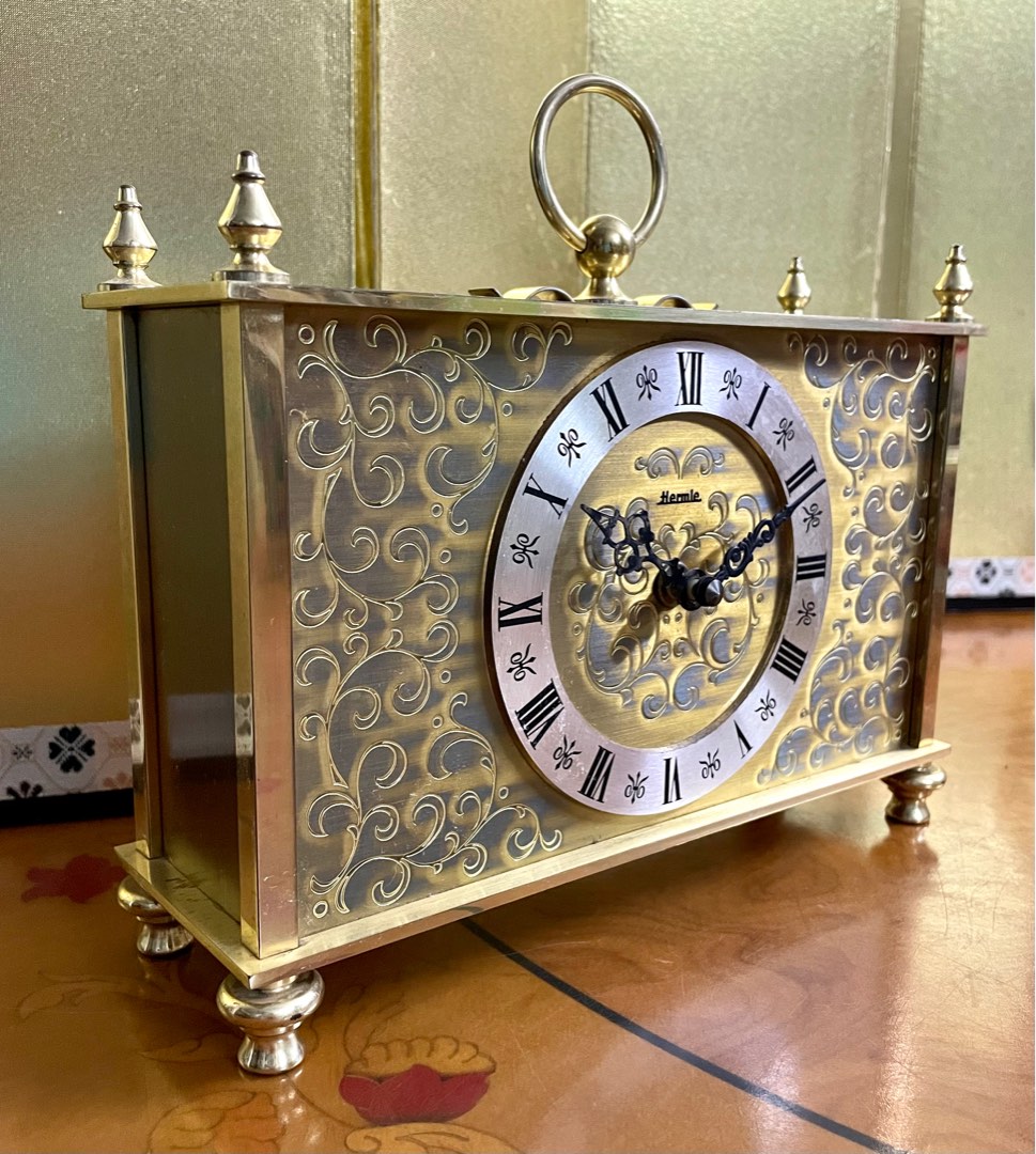 Vintage German " Hermle " Brass Hand Carved Carriage Quartz Clock