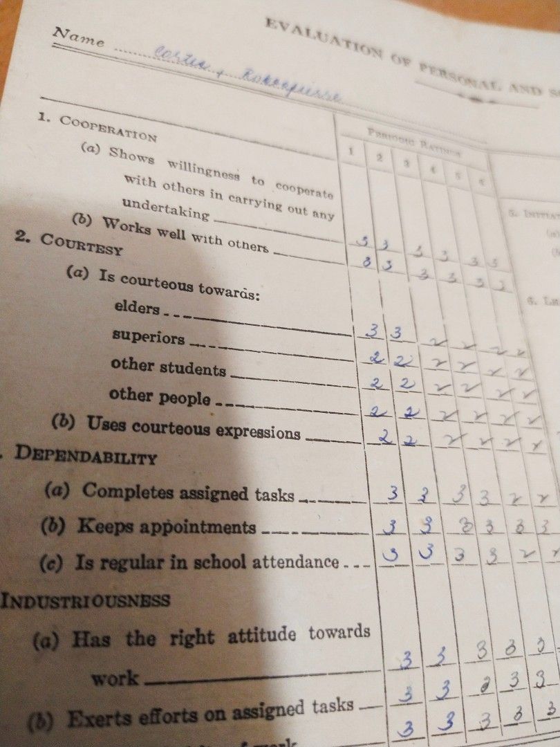 vintage Student's Report Card/Sch.yr. 19561957/Manila,Phils., Hobbies